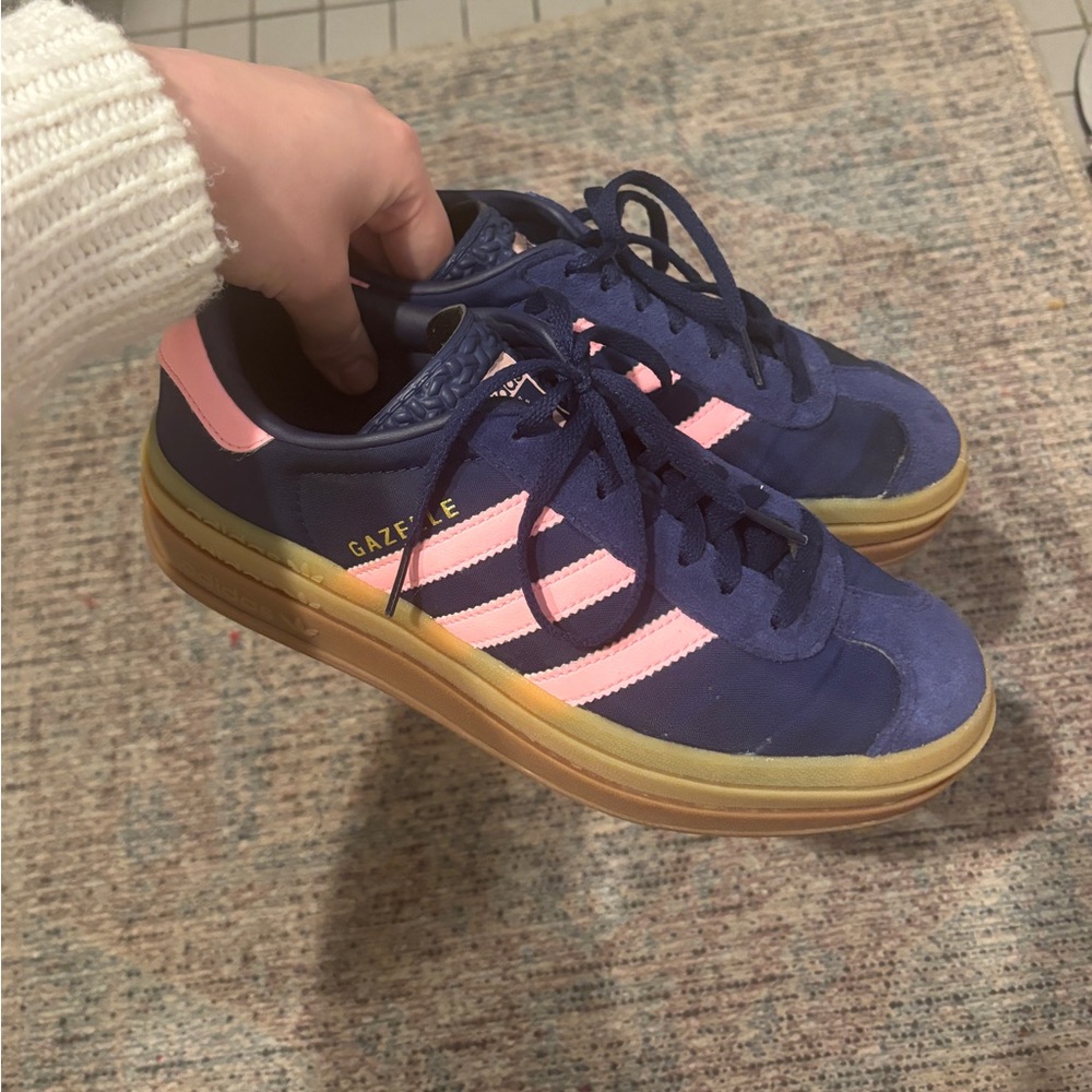 navy and pink adidas gazelles
